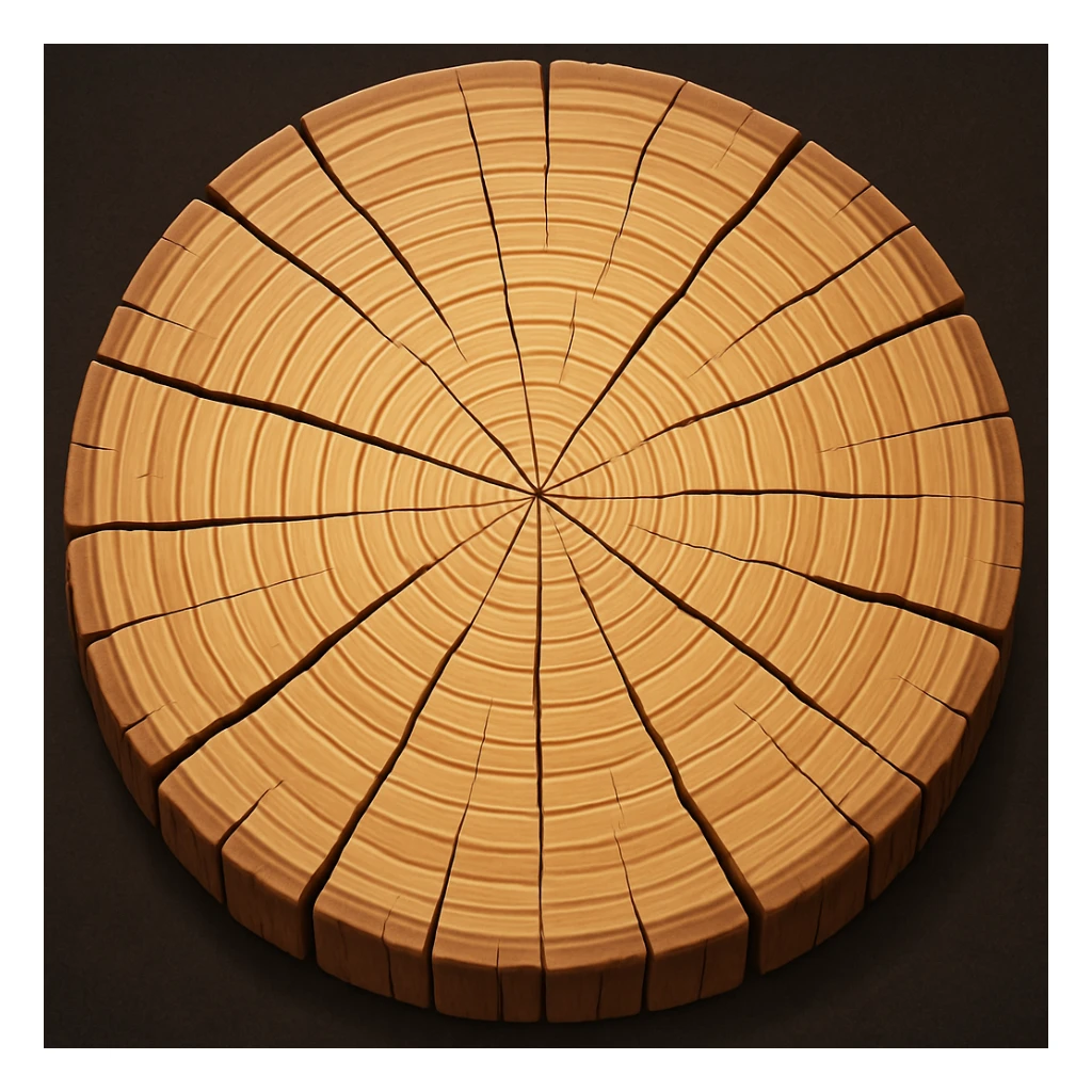 Create a top view of this tree stump, keeping the same wood pattern, color, and cartoon style as the reference image. Variant 4. sticker