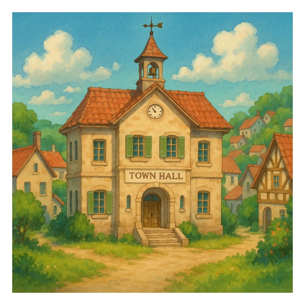 ghibli style village scene with town hall representing a municipality sticker