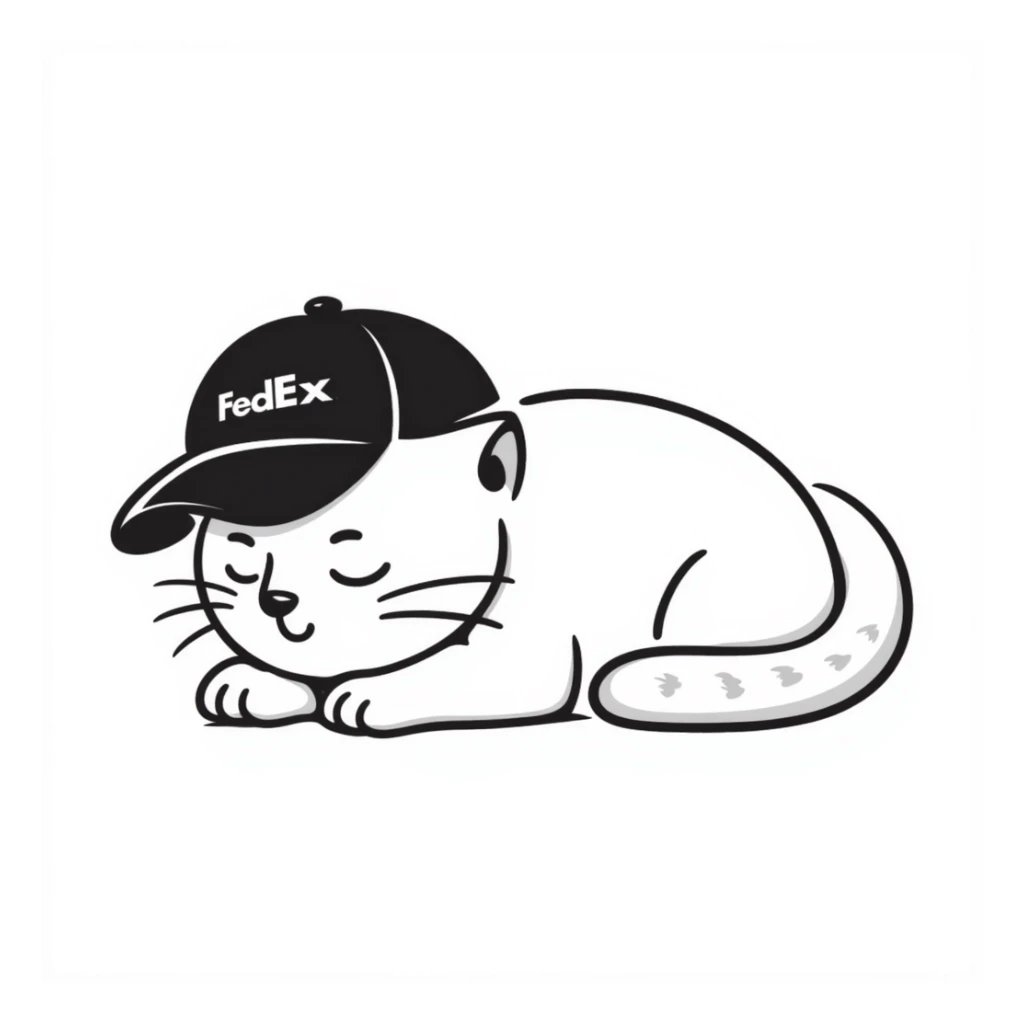 emoji of sleeping cat, its pose is lying, it has on his head FedEx uniform cap sticker