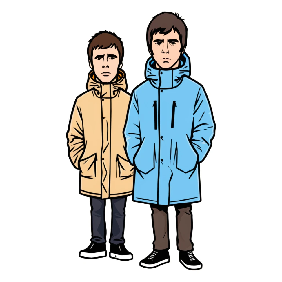 Create me a sticker of oasis band liam gallagher and noel gallagher at her peak (90s)  sticker