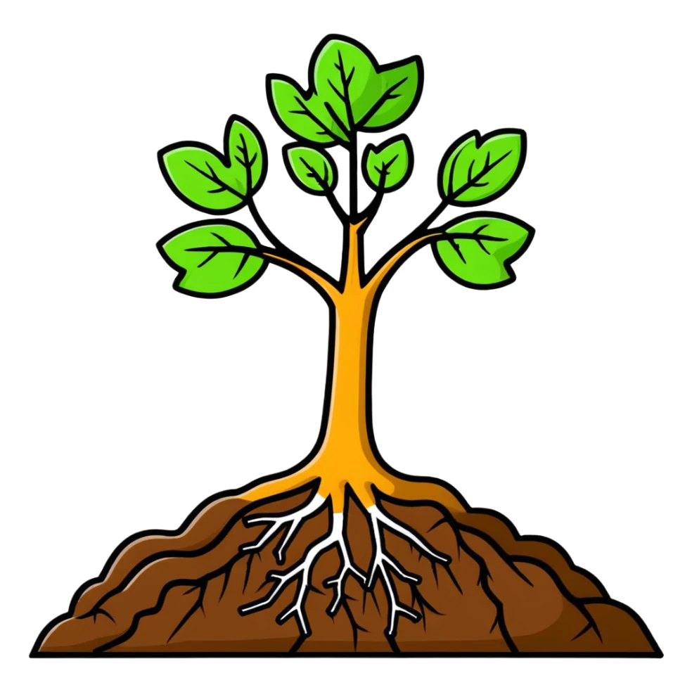 cartoon sticker of soil with roots, loam sticker