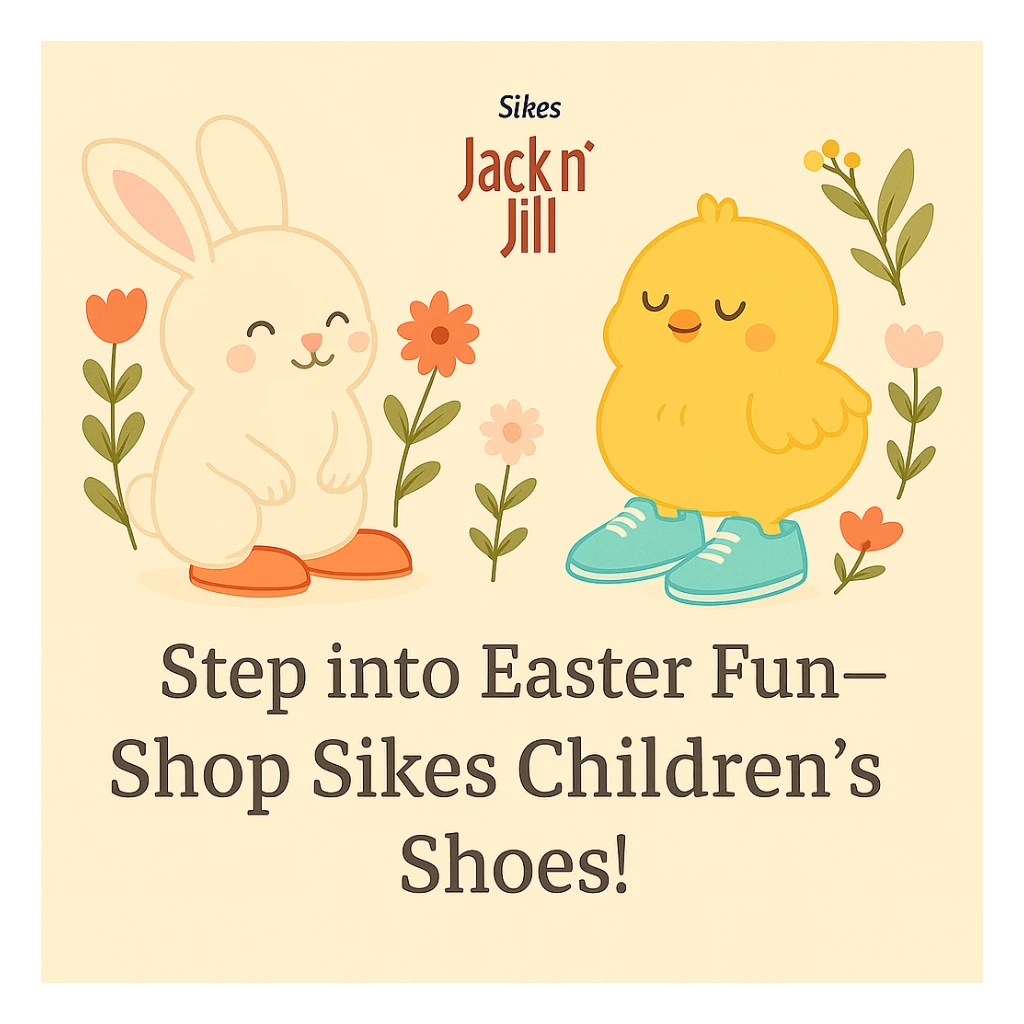 Make the Sikes Children's Shoes logo even smaller so it is subtle and not dominant. Keep the pastel background, bunny and chick with shoes, floral accents, and the headline: 'Step into Easter Fun—Shop Sikes Children’s Shoes!'. Logo should remain in the same position, just smaller than before. sticker