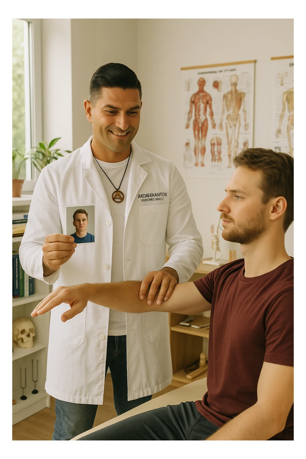 a middle-aged man, dressed in casual professional attire, is in a bright, organized therapy studio. Durante una visita di kinesiologia, il ragazzo tiene con una mano la foto di una persona lontana (il “testimone”) tiene la foto in mano, mentre con l’altra mano esegue un test muscolare su un cliente presente senza foto. Sullo sfondo si vedono libri di kinesiologia, poster anatomici e strumenti tipici della disciplina. L’atmosfera è concentrata e serena, con luce naturale che entra dalla finestra, sottolineando l’aspetto alternativo e umano della pratica. sticker