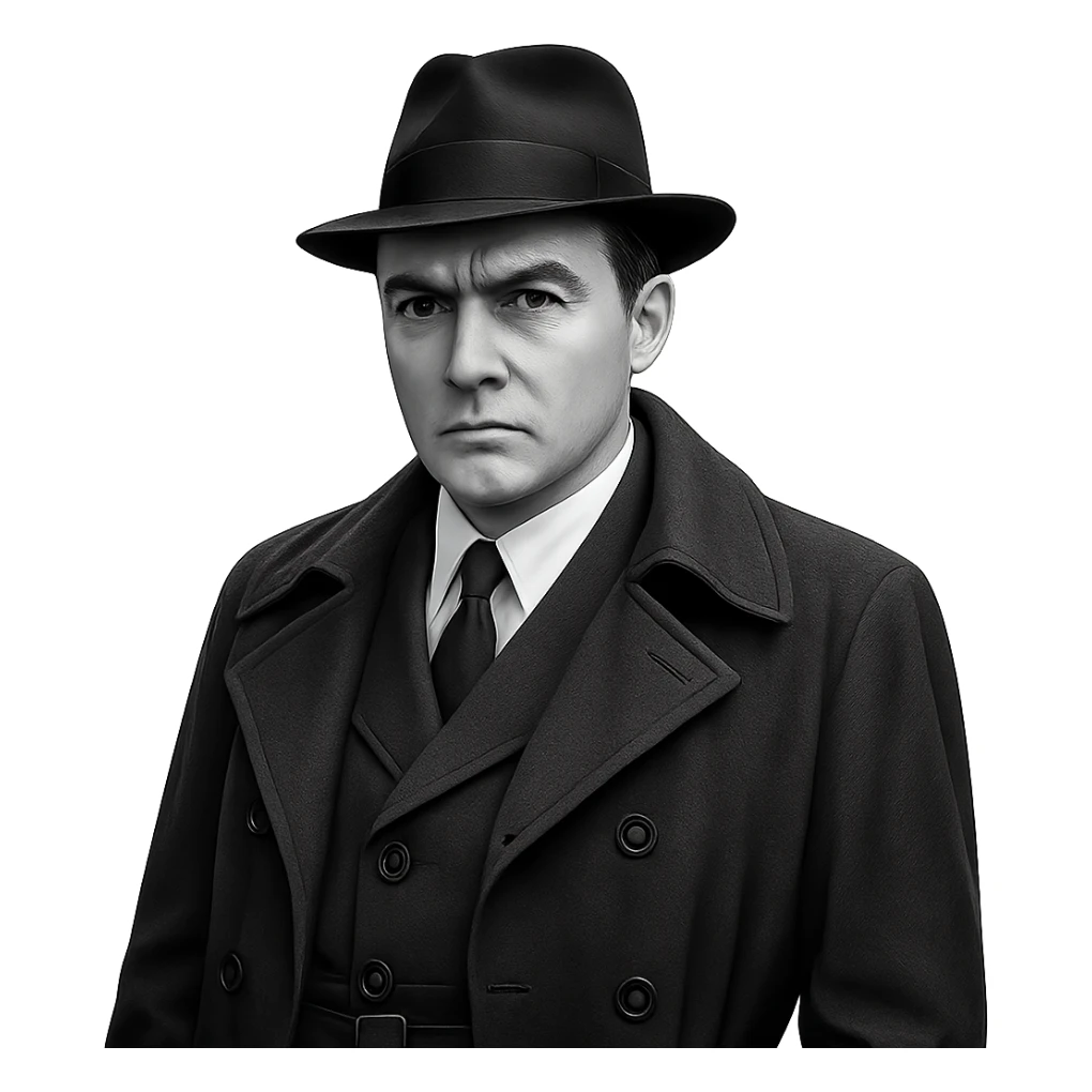Штирлиц in a classic spy outfit, serious expression sticker