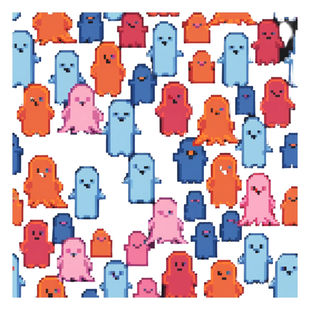 The four classic Pacman ghosts (red, pink, blue, and orange) lined up together sticker