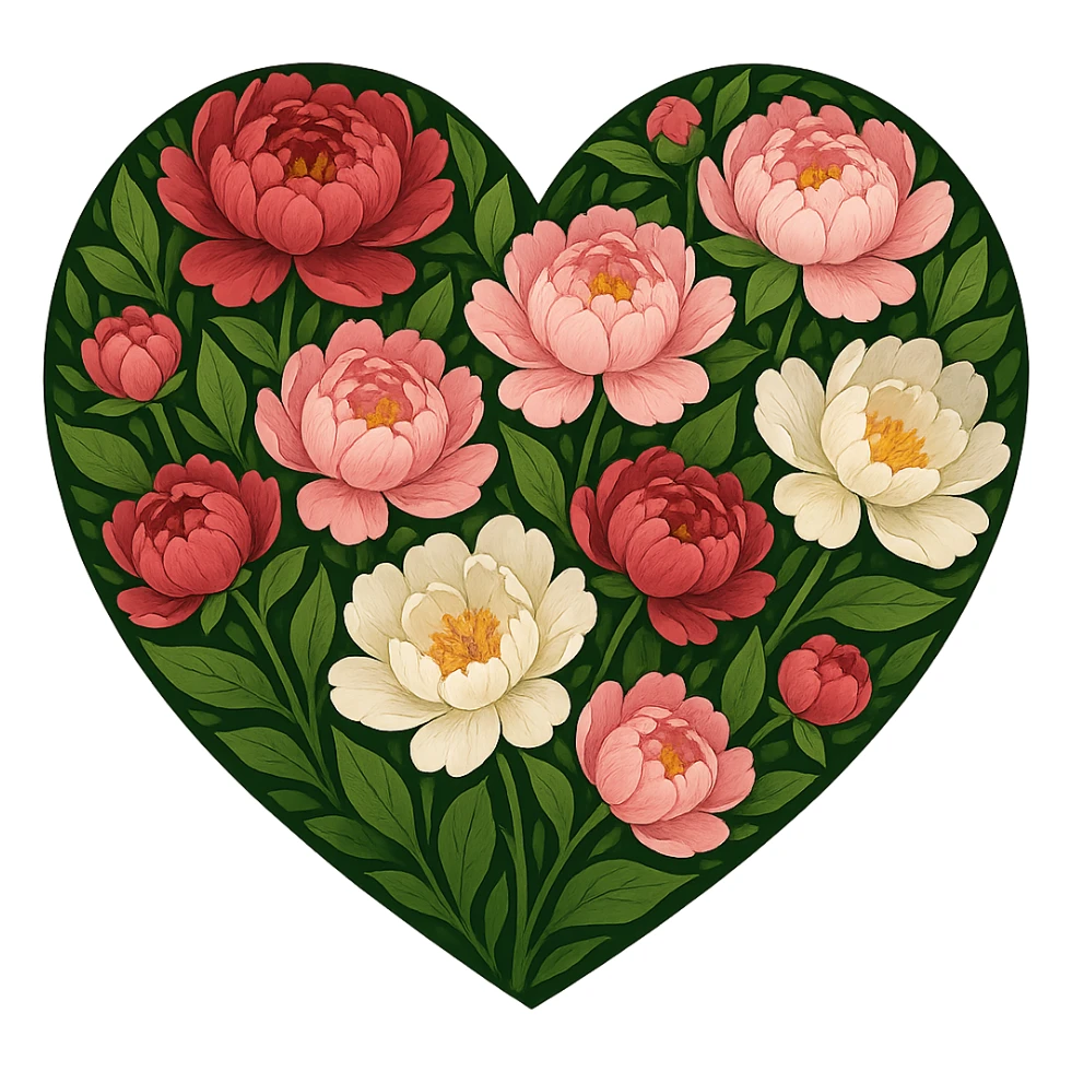 heart with a vibrant peony garden, clean digital illustration sticker