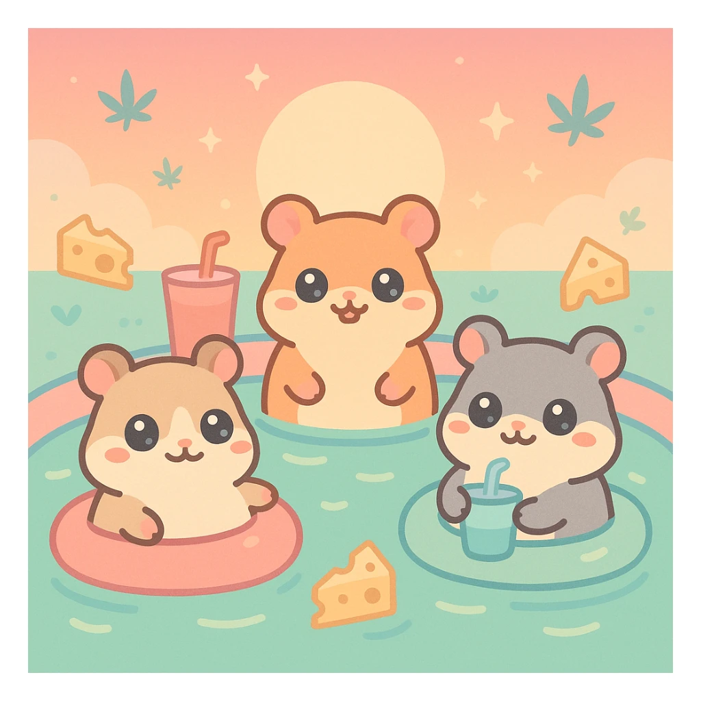 Discord server icon, square, super cute pool party at sunset with up to 3 hamsters, weed, cheese, THC theme, no disco ball, vaporwave style, pastel neon colors, dreamy gradients, sparkles, nostalgic, fun, inviting, summer party vibe, clear composition sticker