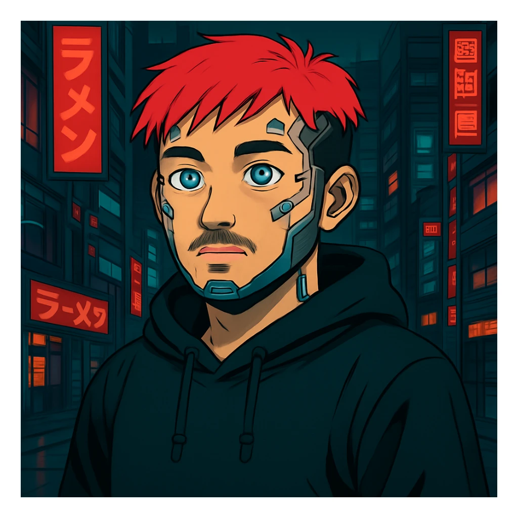 Add cybernetic implants to the Asian man, make the eyes a bit bigger, keep round face, less mustache, a bit of beard, red hair, black hoodie, Japanese cyberpunk anime style, futuristic city background sticker