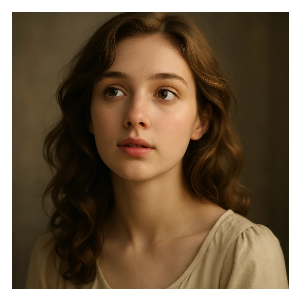 a beautiful girl with a thoughtful, wondering expression, soft lighting, gentle features, elegant hair, visually appealing, portrait sticker