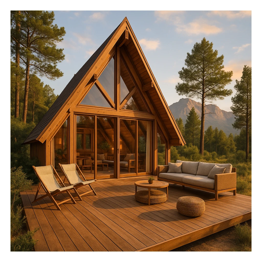 A-Frame house in a luxury glamping environment, elegant and detailed, with a wooden deck, outdoor seating, and scenic background, semi-realistic style sticker