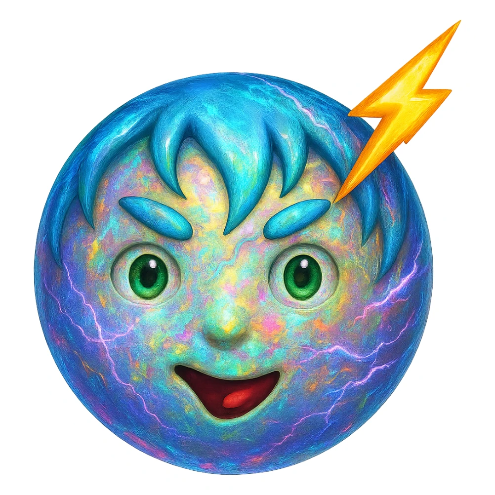 Make the Uranus emoji more eccentric with an opal-like iridescent texture. Add wild, electric, chaotic energy and a playful, unconventional face. Keep the background transparent. sticker