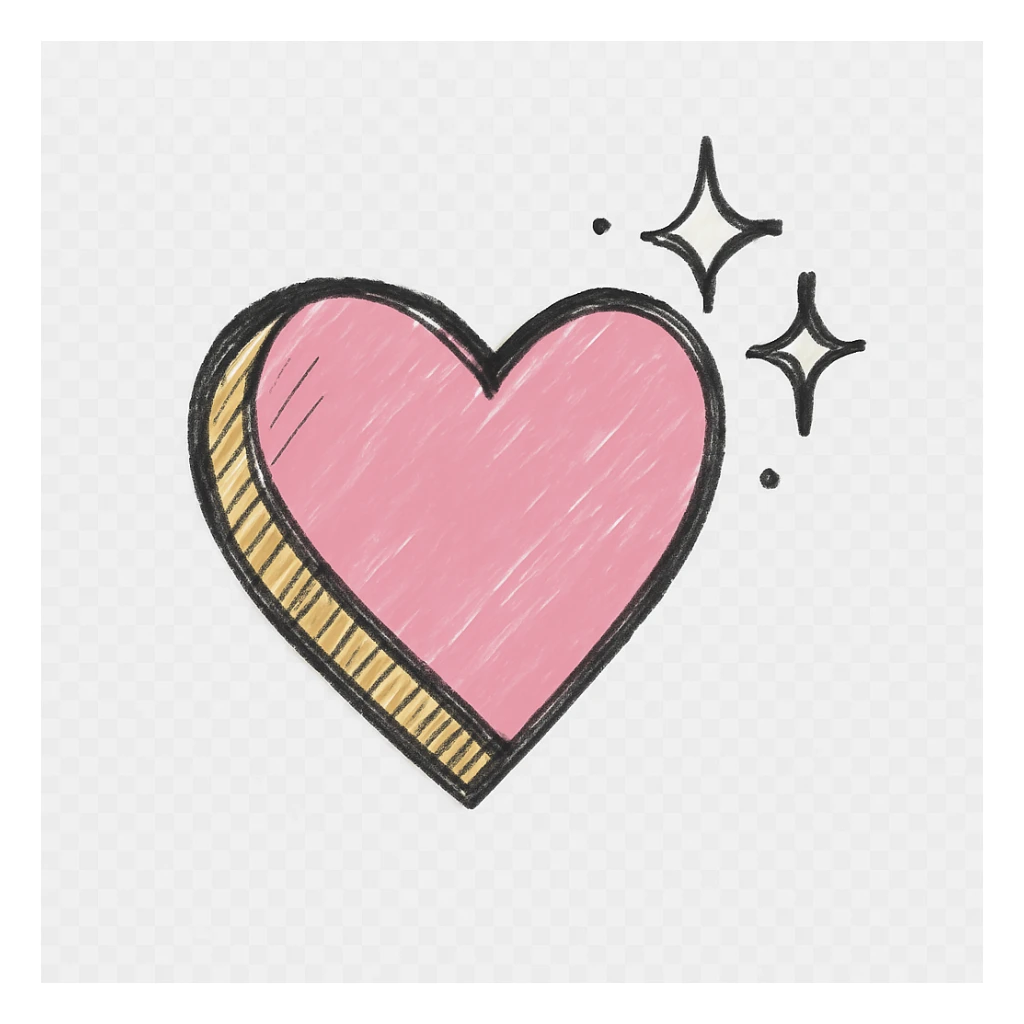 3D effect on a large pink heart with sparkles and gold outline, hand drawn black outline style, white clean background, slightly tilted angle sticker