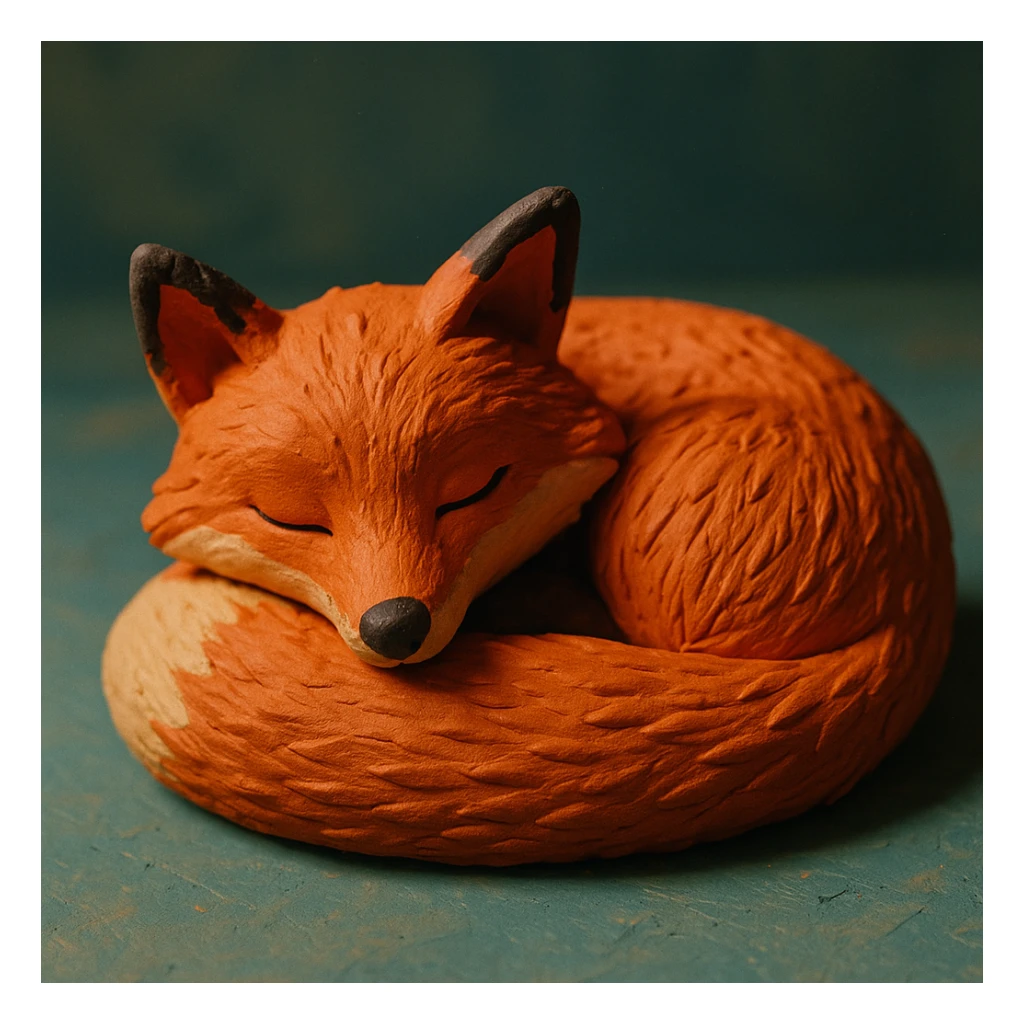 fox curled up sleeping, soft lighting, vibrant colors, detailed fur, claymation style sticker