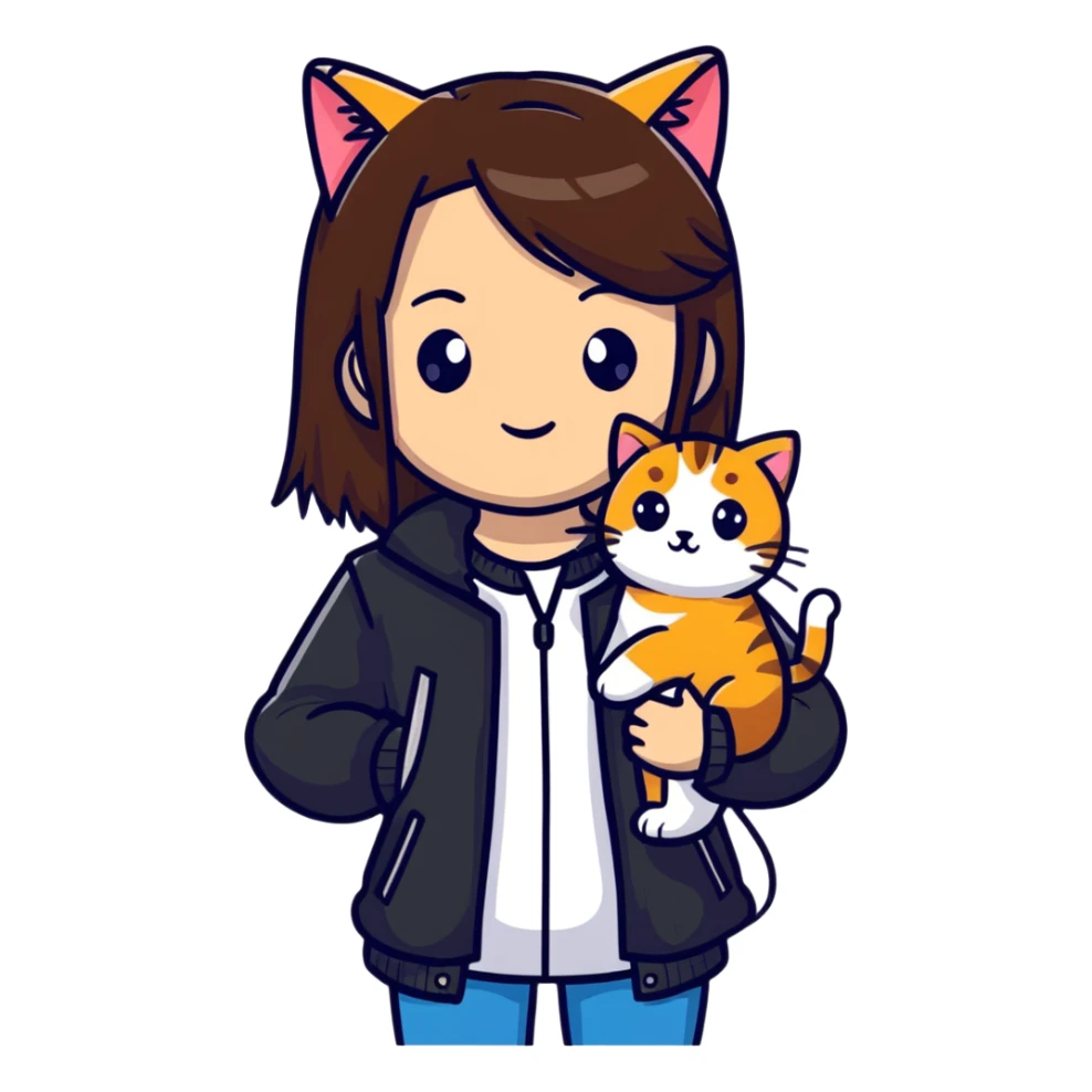 A brown straight-haired girl wearing black jacket with cats sticker