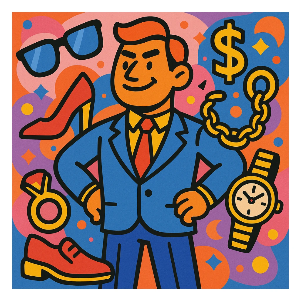 A leader figure standing proudly, encircled by luxury goods such as designer footwear, sunglasses, gold jewelry, and luxury watches, vibrant colorful style sticker