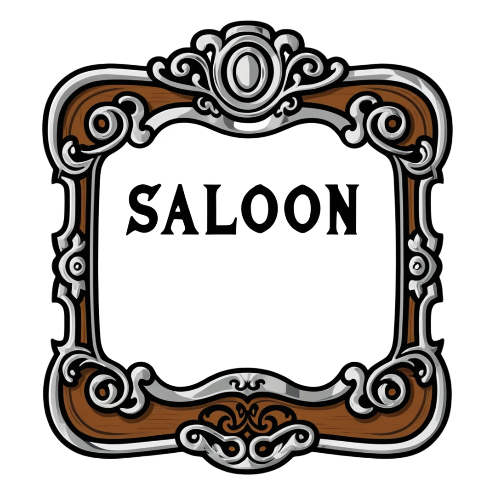 connected BLK letters in western saloon font style with silver outline, old west typography, black text with ornate silver frame sticker