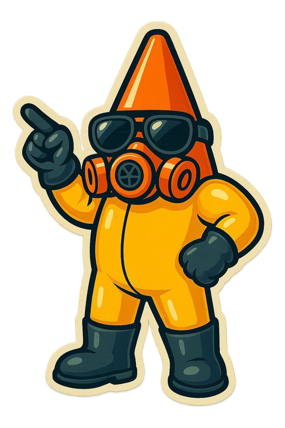 This character in retro sticker style, standing with one arm raised and finger pointing forward, issuing a command. sticker