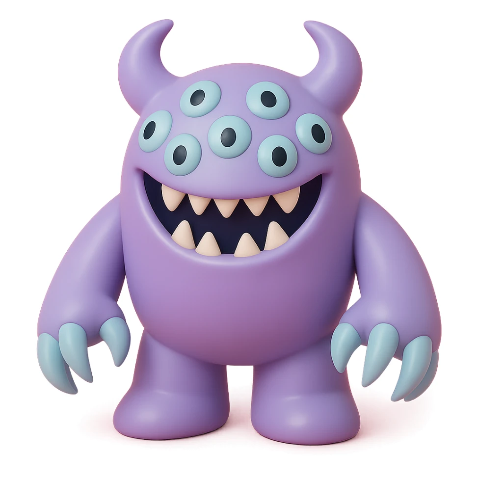 terrifying monster with multiple eyes, long claws, menacing grin, deep purple and black colors, vinyl figure style sticker
