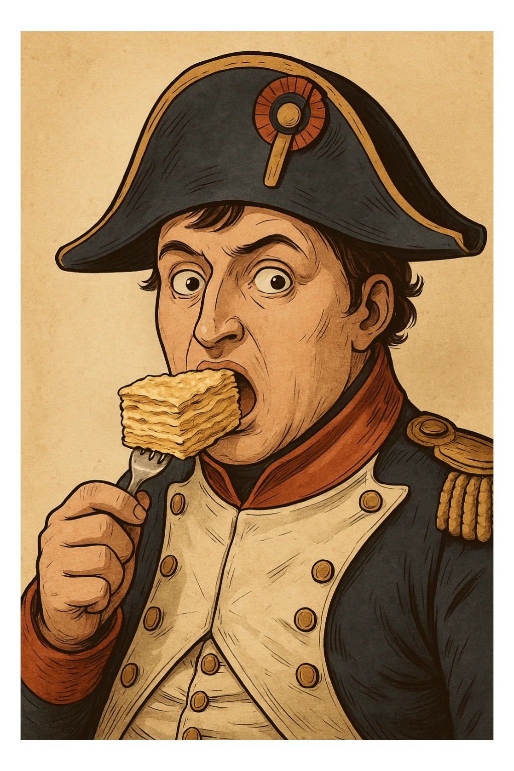 Используя похожую стилистику, слегка мультяшную, но при этом реалистичную - сгенерируй Наполеона, который кладет себе в рот большой кусок торта Наполеон и при это удивленно смотрит в кадр, будто его неожиданно застукали за этим занятием sticker