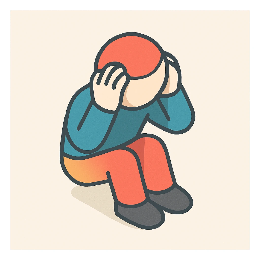 iconic little person holding head, symbolizing tiredness, stress or headache, simple form, clear shadows and highlights, 2D isometric style sticker