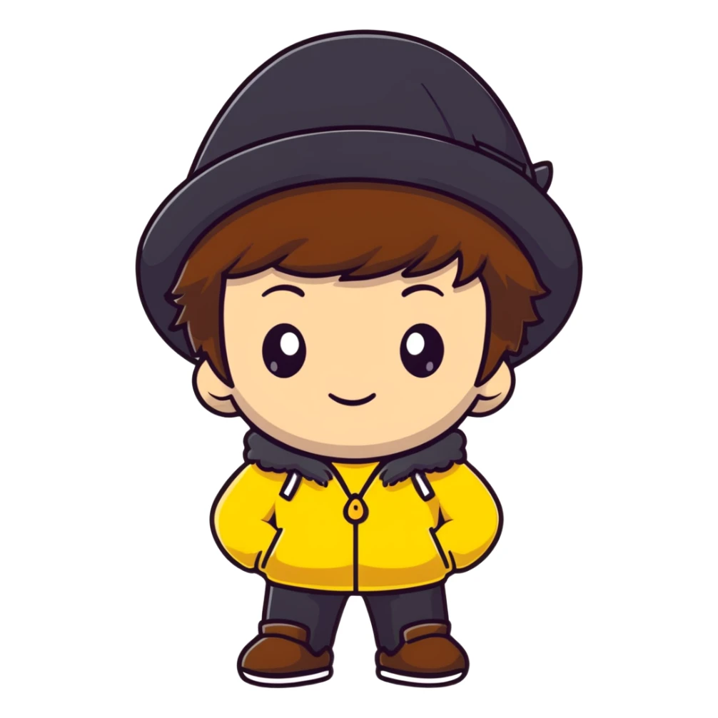 cute boy with fluffy brown hair wearing a black hat with yellow decoration sticker