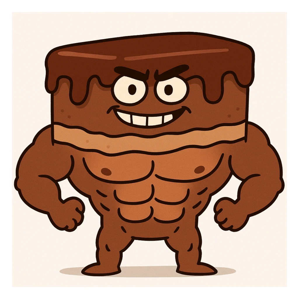 fun and bold chocolate cake with muscular abs, cartoon style, white background sticker