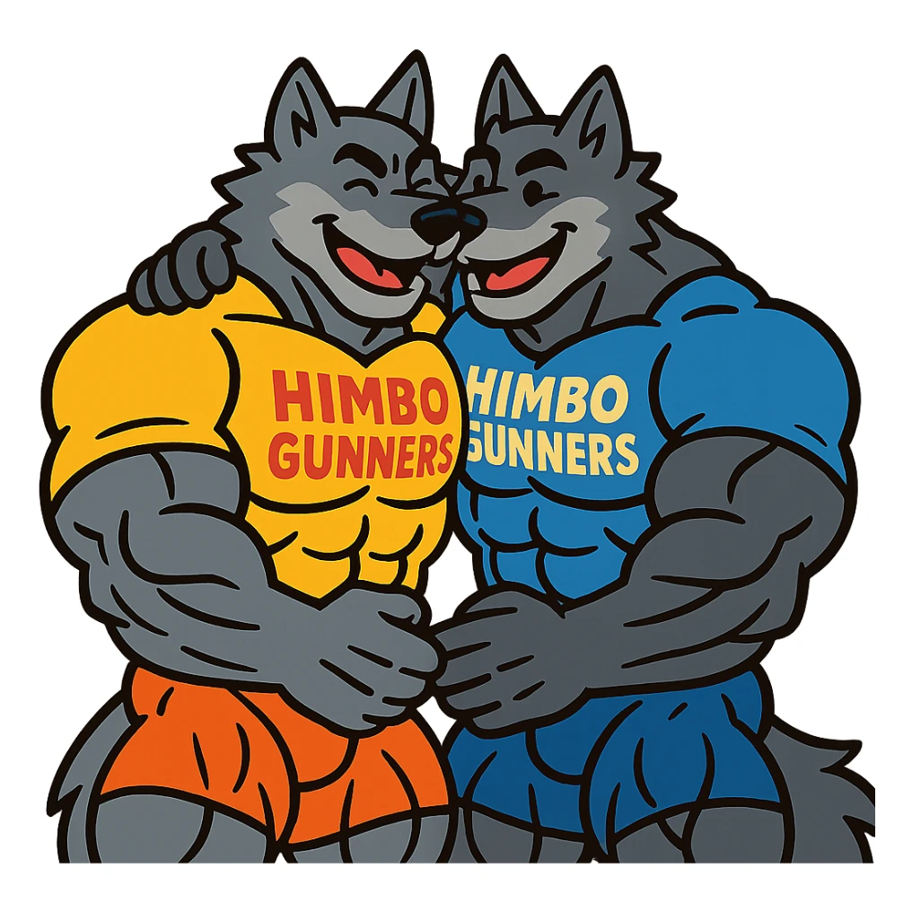two extremely muscular wolf furries with exaggerated muscles, wearing t-shirts that say 'Himbo gunners', hugging each other, friendly and joyful expressions, highly defined physiques sticker