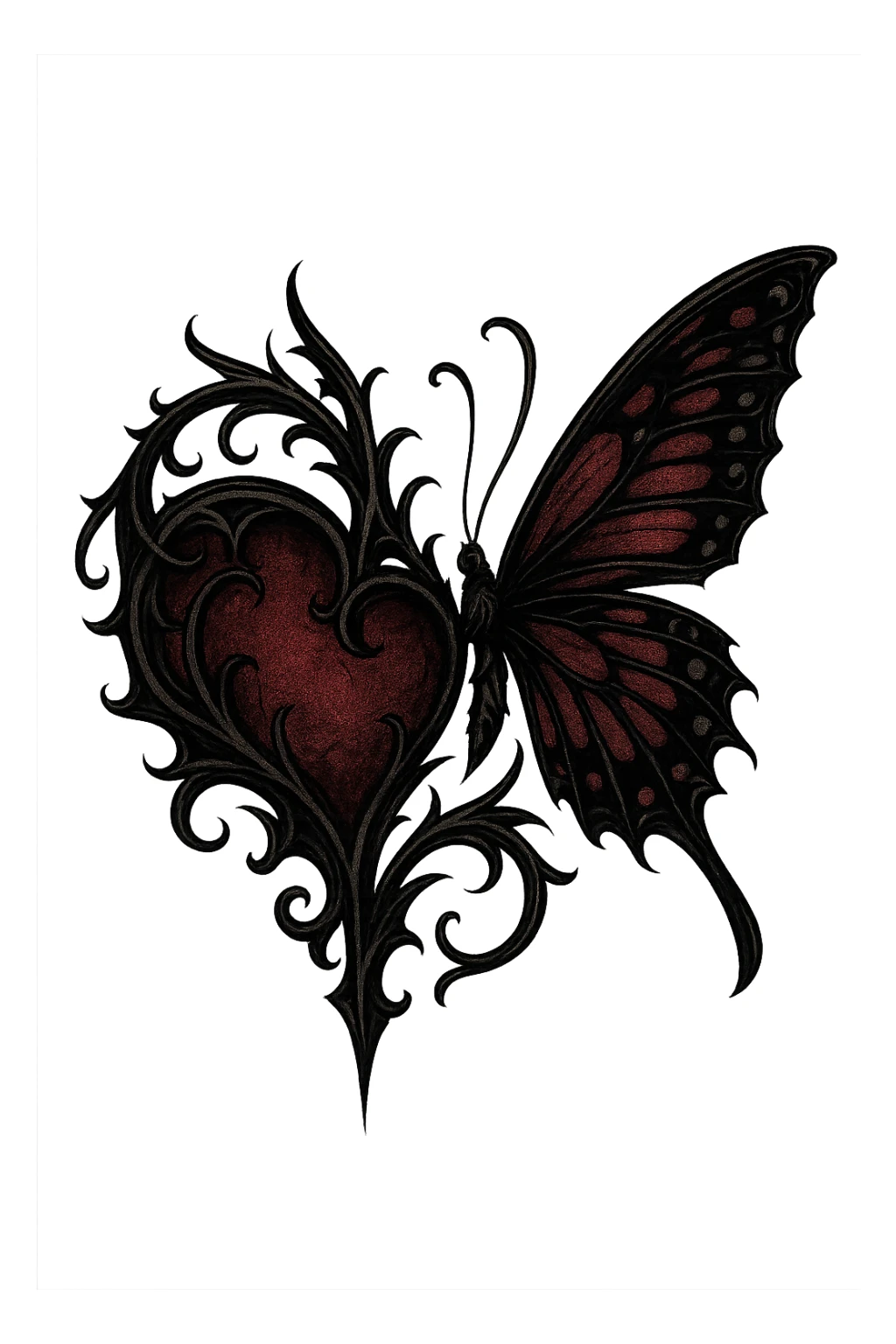 gothic style heart with a butterfly, black and deep red colors sticker