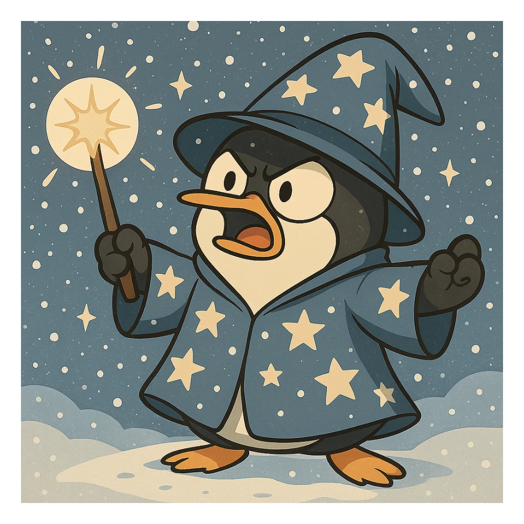 Add a snowy background behind the penguin wizard, keeping the cartoon style. sticker
