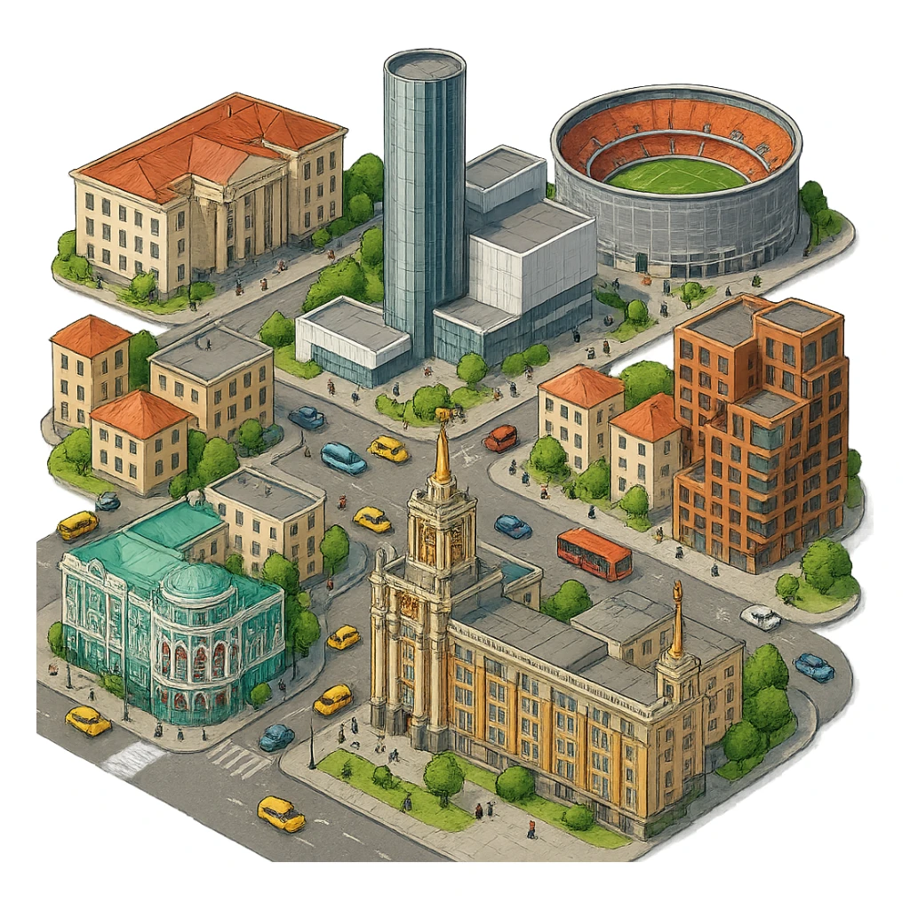 Изометричная миниатюрная фотореалистичная 3D модель Екатеринбурга - Дом Севастьянова, Ельцин-центр, Уральский федеральный университет, дома, Екатеринбург Арена, Медный дом, Здание Свердловского городского совета народных депутатов четкая детализация, яркие цвета, мультяшный реализм, люди, автотранспорт, компактная композиция, вид сверху в изометрии, прозрачный фон sticker