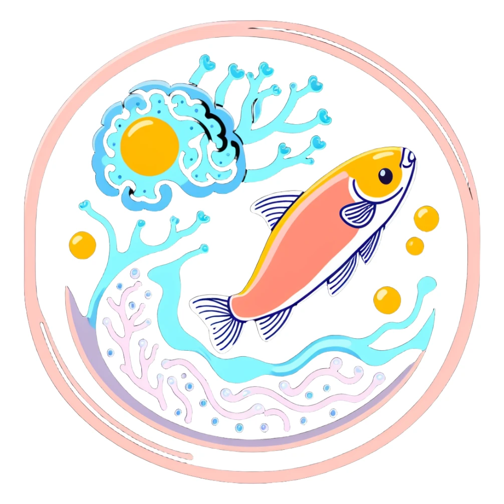 A glowing crystalline brain with mental fog dissipating around it. Ethereal pieces of salmon, golden egg yolk, and fermented soy float in a spiral, sending thin beams of light that activate bright points on the cerebral cortex, creating an expanded focus circuit. sticker