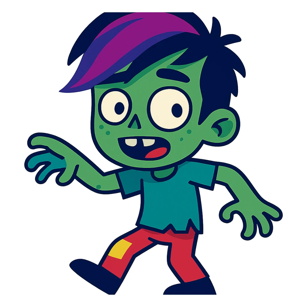 zombie boy with purple streaked emo hair, quirky, fun sticker