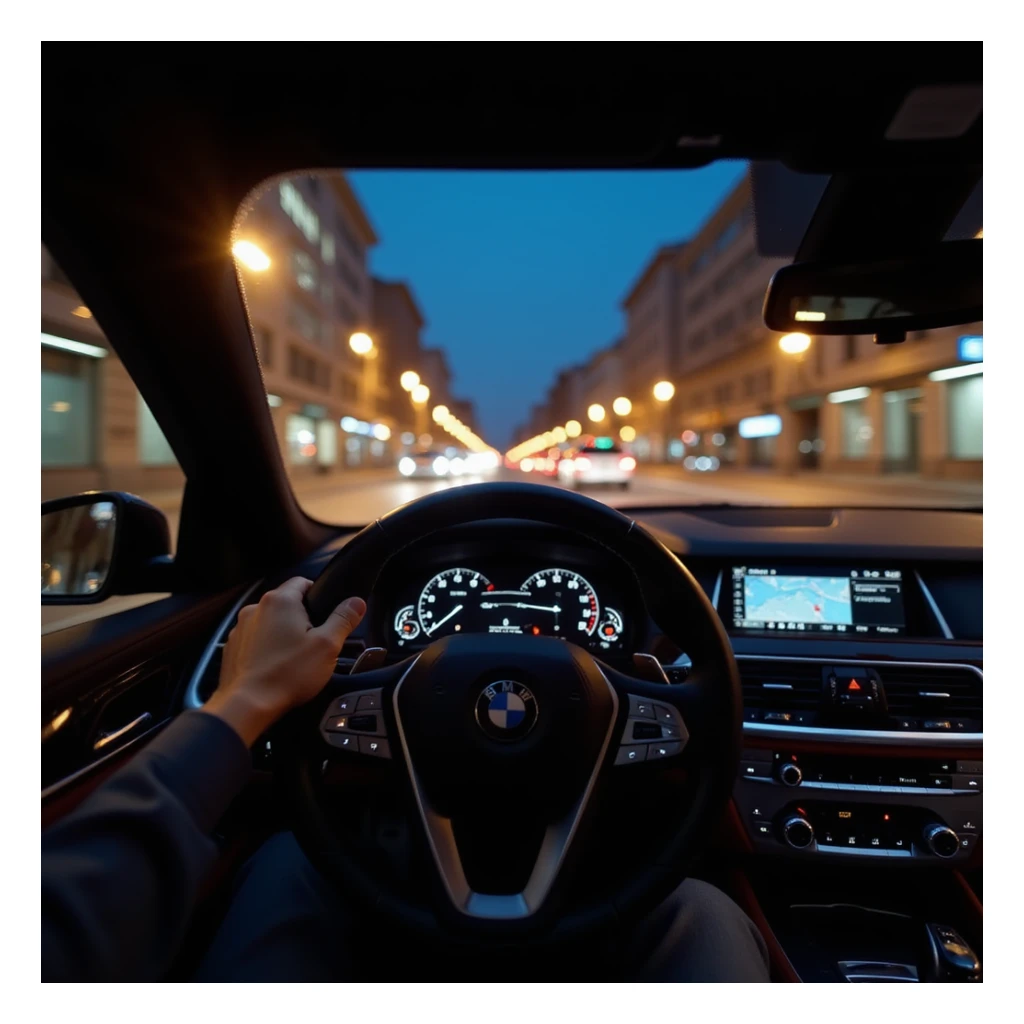 BMW Series 7 2024, realistic first-person view from behind the steering wheel, left hand on wheel, night driving in Bucharest, city lights, motion blur, photorealistic sticker