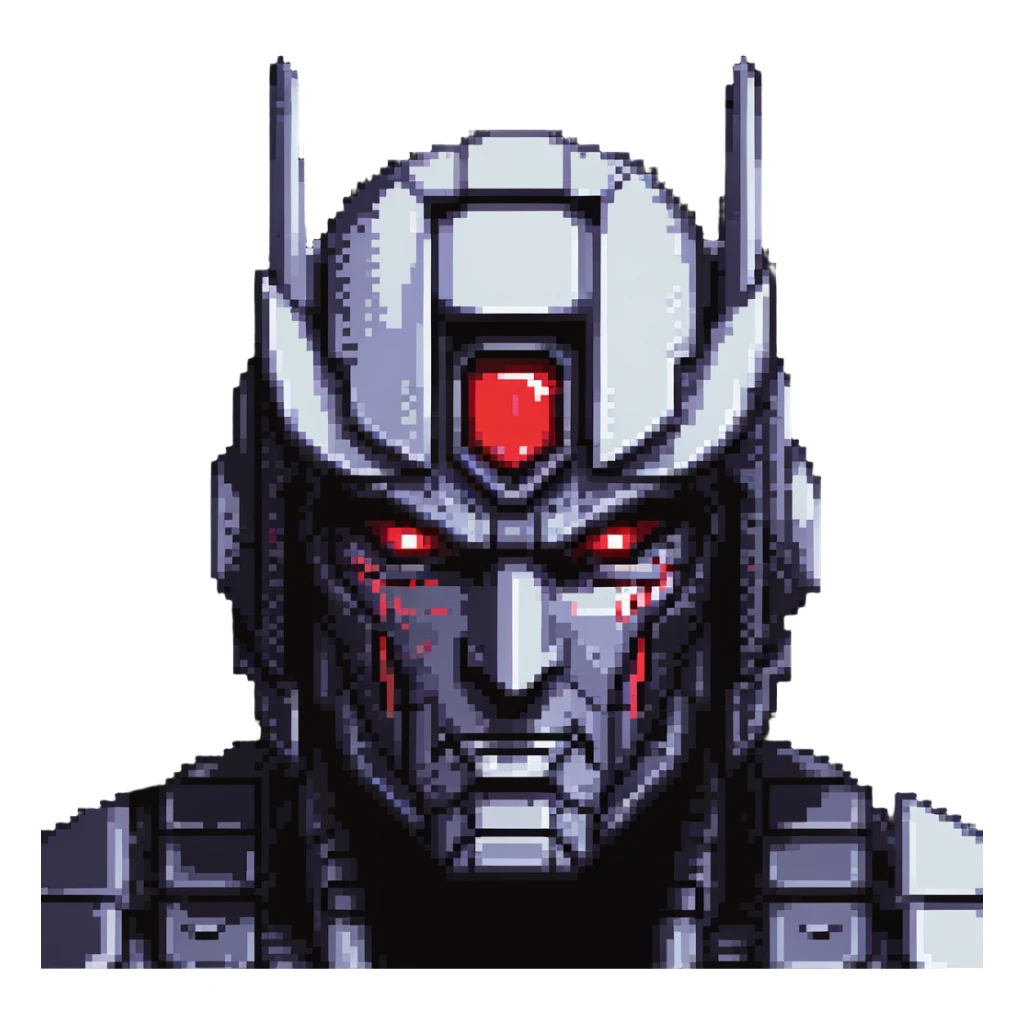 Nemesis Prime close-up face, pixel art, sinister expression, glowing red optics, detailed pixel shading sticker