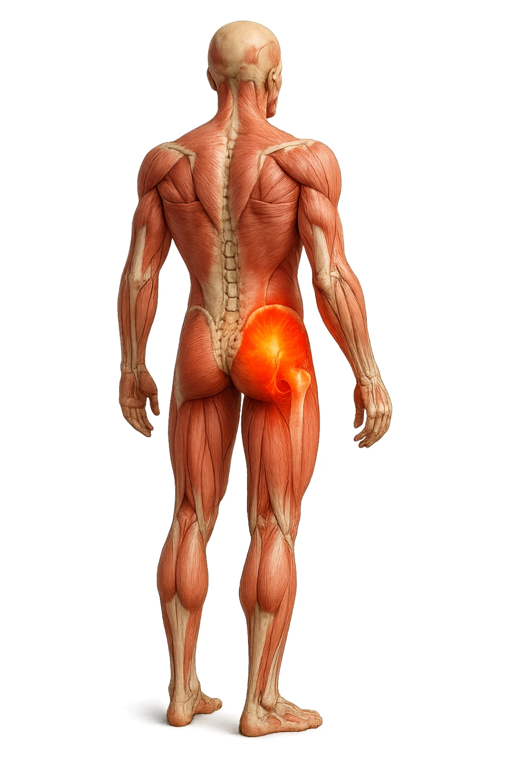 CORPO UMANO ANATOMICO A FIGURA INTERA REALISTICO DI SPALLE CON DOLORE ALLA LOMBARE INFIAMMATA, DOLORE ALL'ANCA, IPERREALISTICO 4K sticker