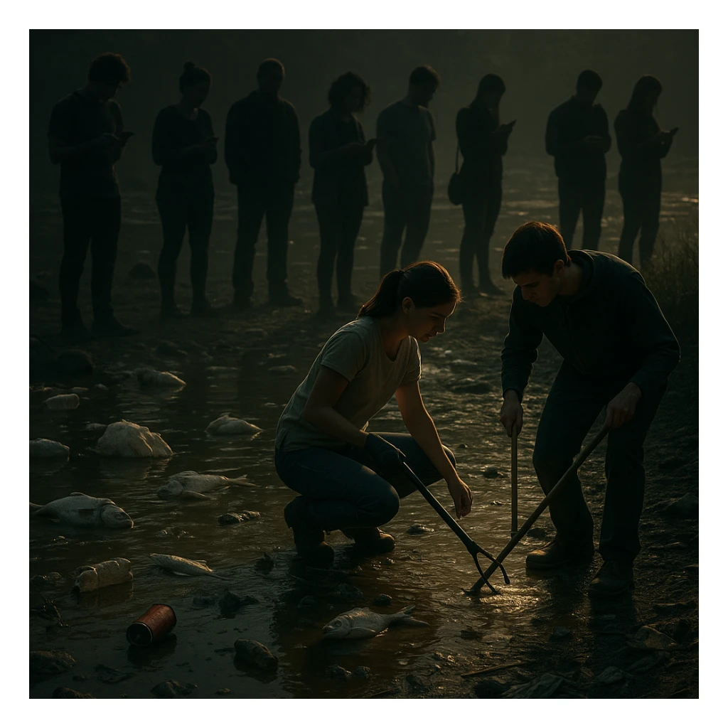 A group facing a polluted river with trash and dead fish. Most people are distracted or on their phones, while two individuals step forward to clean or investigate. Lighting focuses on the proactive pair, others in shadow. Conceptual, symbolic, cinematic, strong contrast, hyperrealistic 4K. sticker