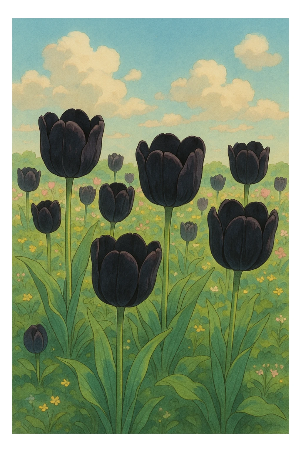 black tulips, ghibli style, soft colors, detailed, whimsical sticker