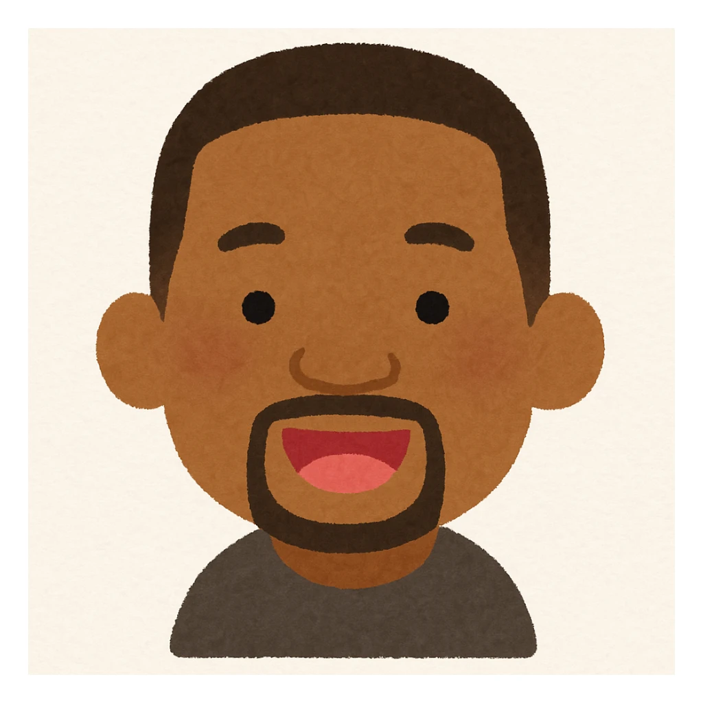 Will Smith's head in Irasutoya style, friendly and cartoonish, simple shapes, soft colors, cheerful expression sticker