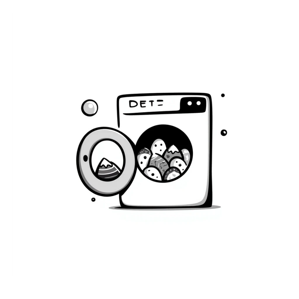 playful hand-drawn doodle of a washing machine with colorful bubbles and clothes peeking out sticker