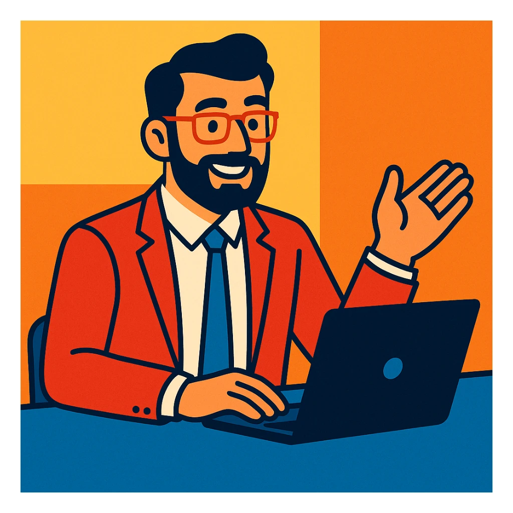 A 35-year-old male business coach sitting at a table with a laptop sticker