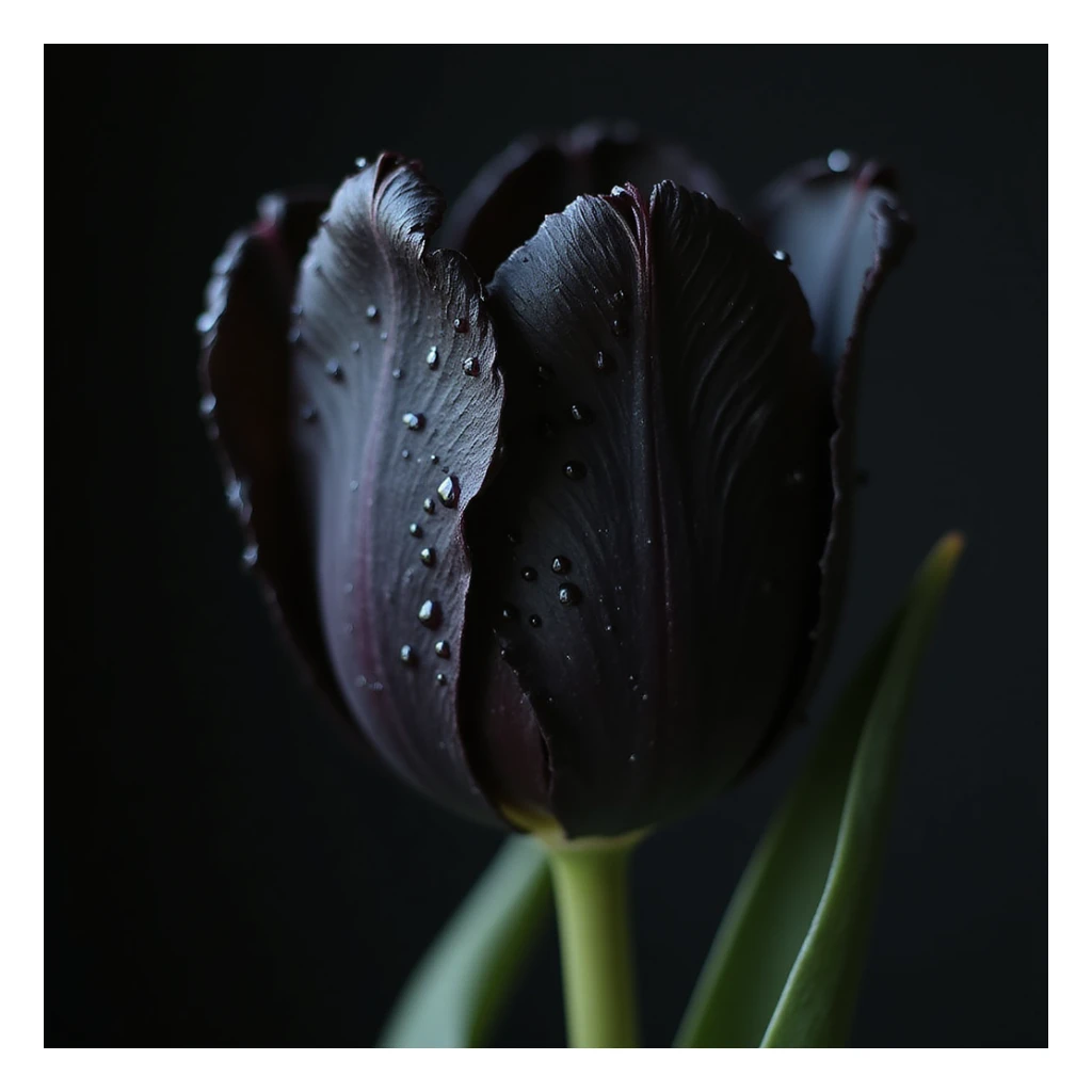 realistic goth tulip with black petals and dewdrops, photorealistic style sticker