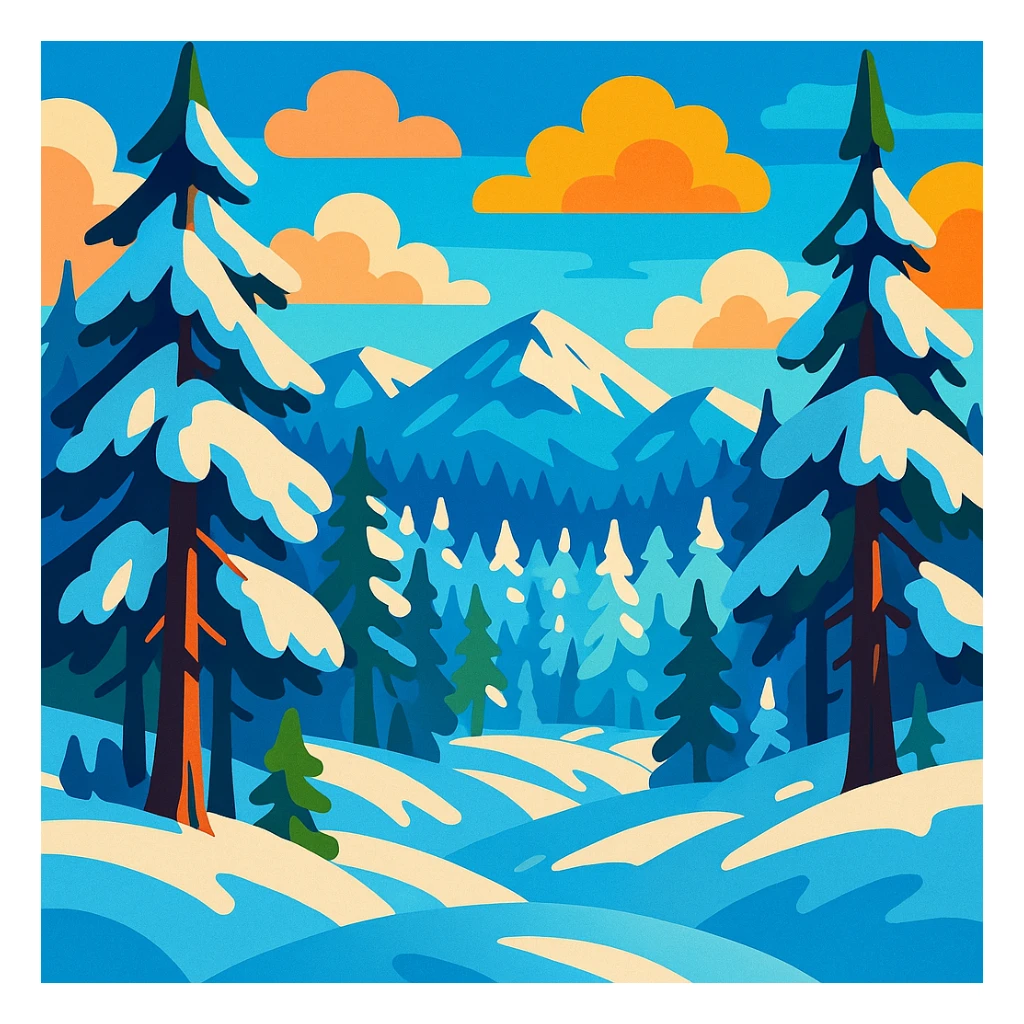 Siberia landscape, snowy forest, vibrant cartoon style sticker