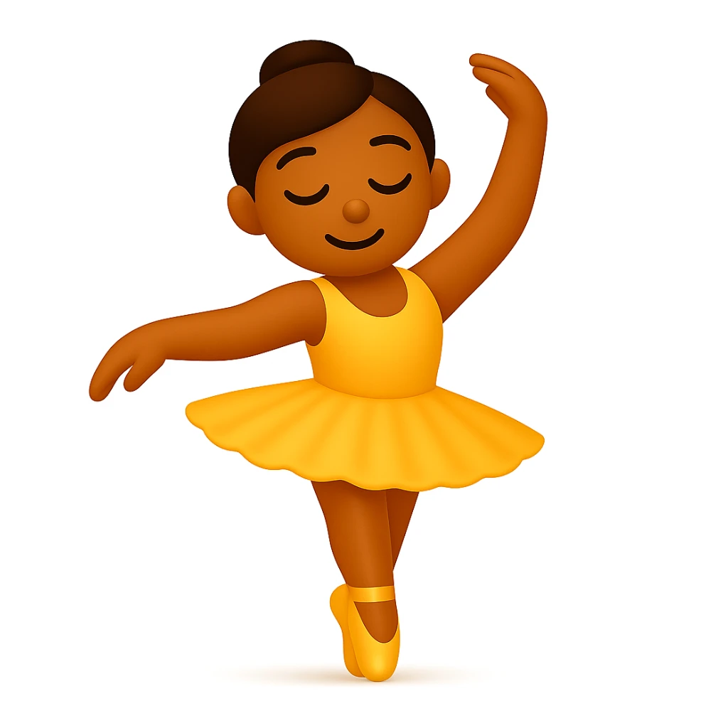 Edit the image to keep the same pose with the right foot on tippy toe in iOS emoji style. Maintain the yellow tutu, elegant, smooth, and shiny look as in the reference. Add a subtle highlight to the legs. sticker