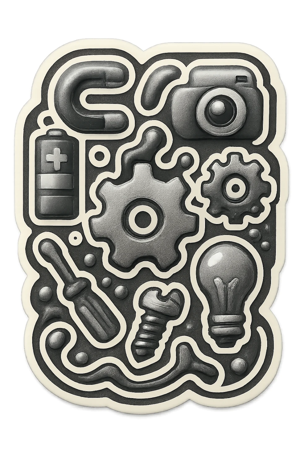 Psychedelic, chaotic card back of metal, technology, and mechanical parts in emoji style, abstract, vibrant, and entirely greyscale. sticker