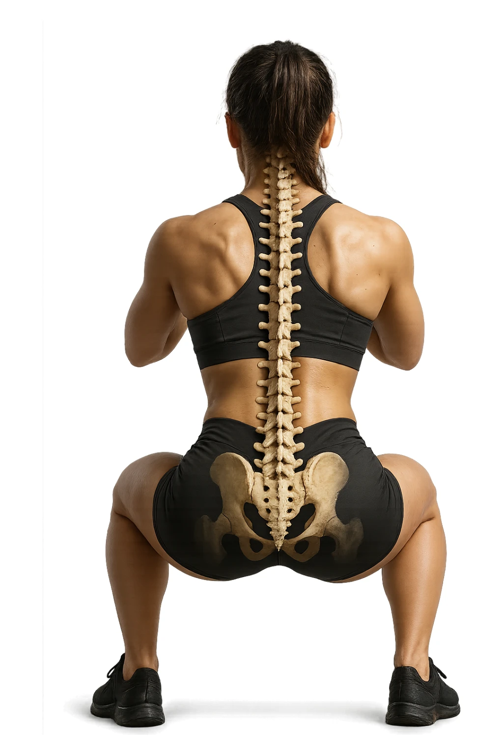 donna di spalle che fa squat con spina dorsale anatomica in evidenza, iperrealistica 4k sticker