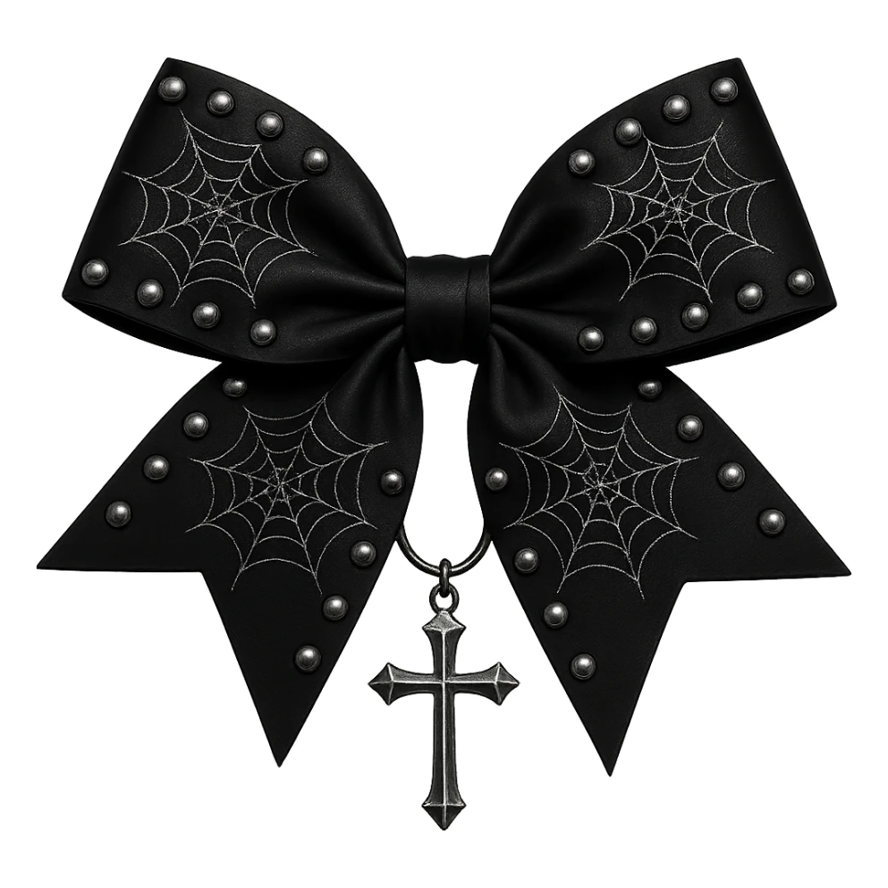 Edit the image to depict an oversized black gothic bow with silver studs, spiderweb patterns, and a dangling cross. The background should be removed. Emphasize the gothic style with bold silver studs, intricate spiderweb designs, and a prominent cross pendant. sticker