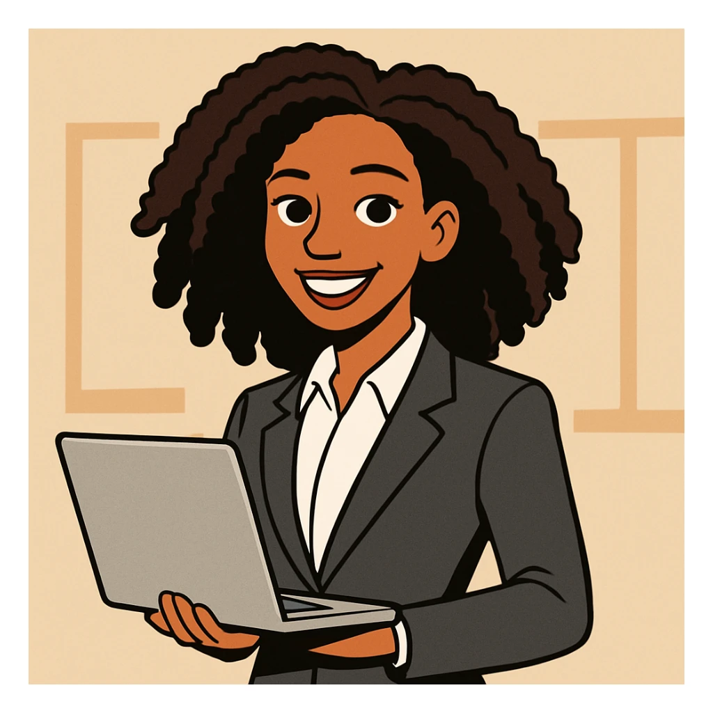 Convert this image to a cartoon style with a confident, successful CEO vibe. The girl should have slightly longer hair and lighter skin tone, maintaining her confident expression and professional appearance. sticker
