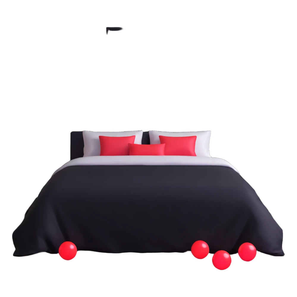 dark bedroom with black walls, black bed frame with black sheets, framed paintings of magic 8 balls and cherries, black nightstand with red LED lights sticker