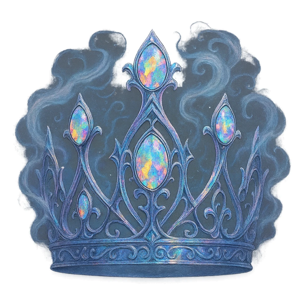 gothic crown in iridescent silver with rainbow opals and swirling mist details, ethereal and magical sticker
