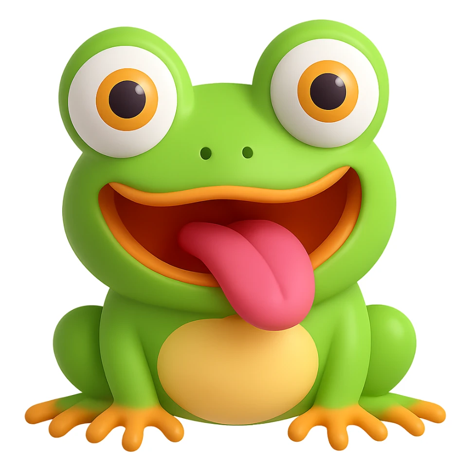 Make the derpy frog with big cute eyes even derpier, exaggerate the silly expression, in 3d emoji style with no background. sticker